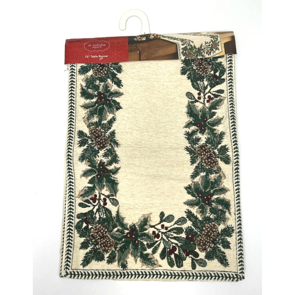 St. Nicholas Square Table Runner 72 x 13 Christmas Tapestry Holly Leaf Pinecones